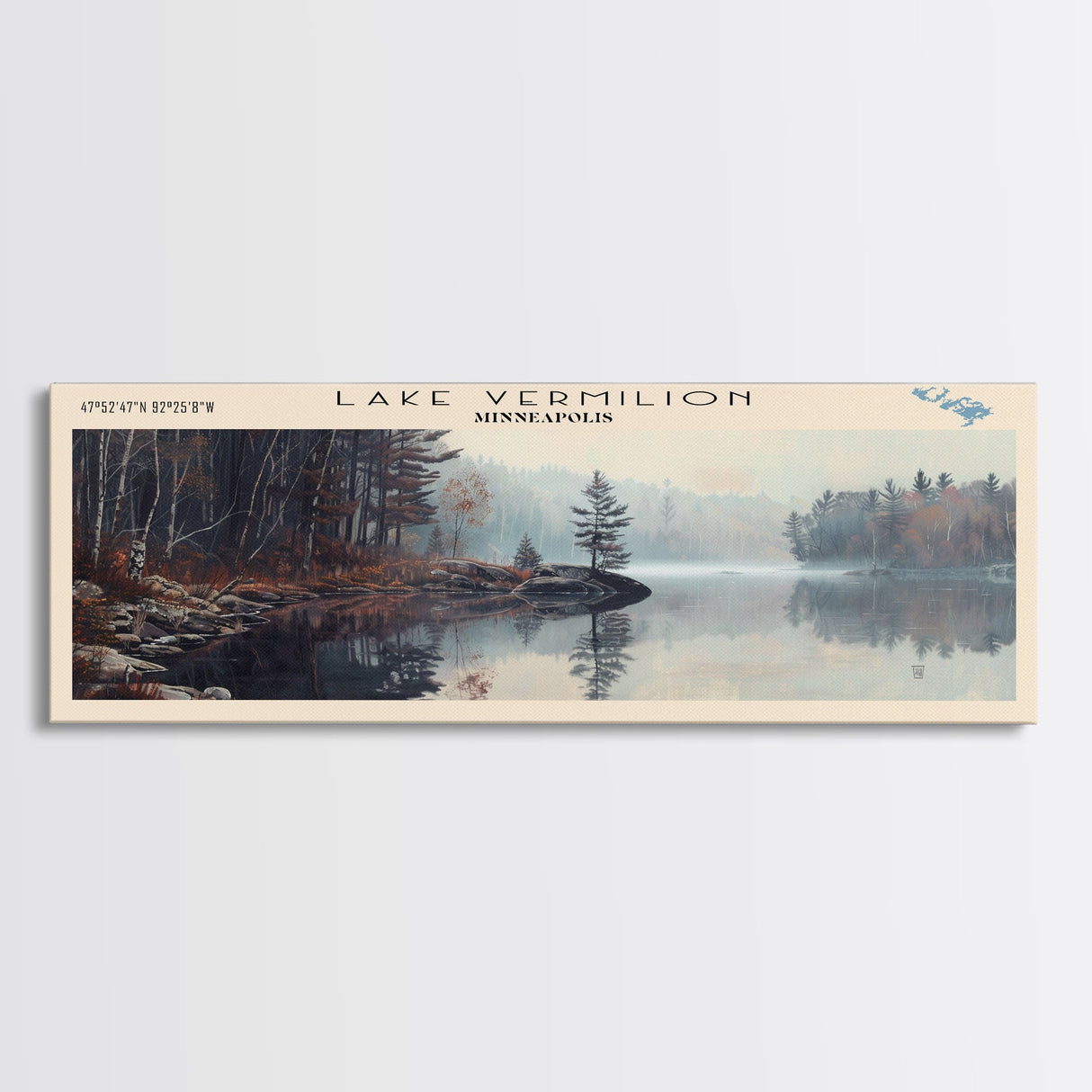 Lake Vermilion Minneapolis Framed Canvas Print, Lake House Decor, Panoramic Wall Art, Travel Poster, Scenic Landscape Painting, Rustic Art