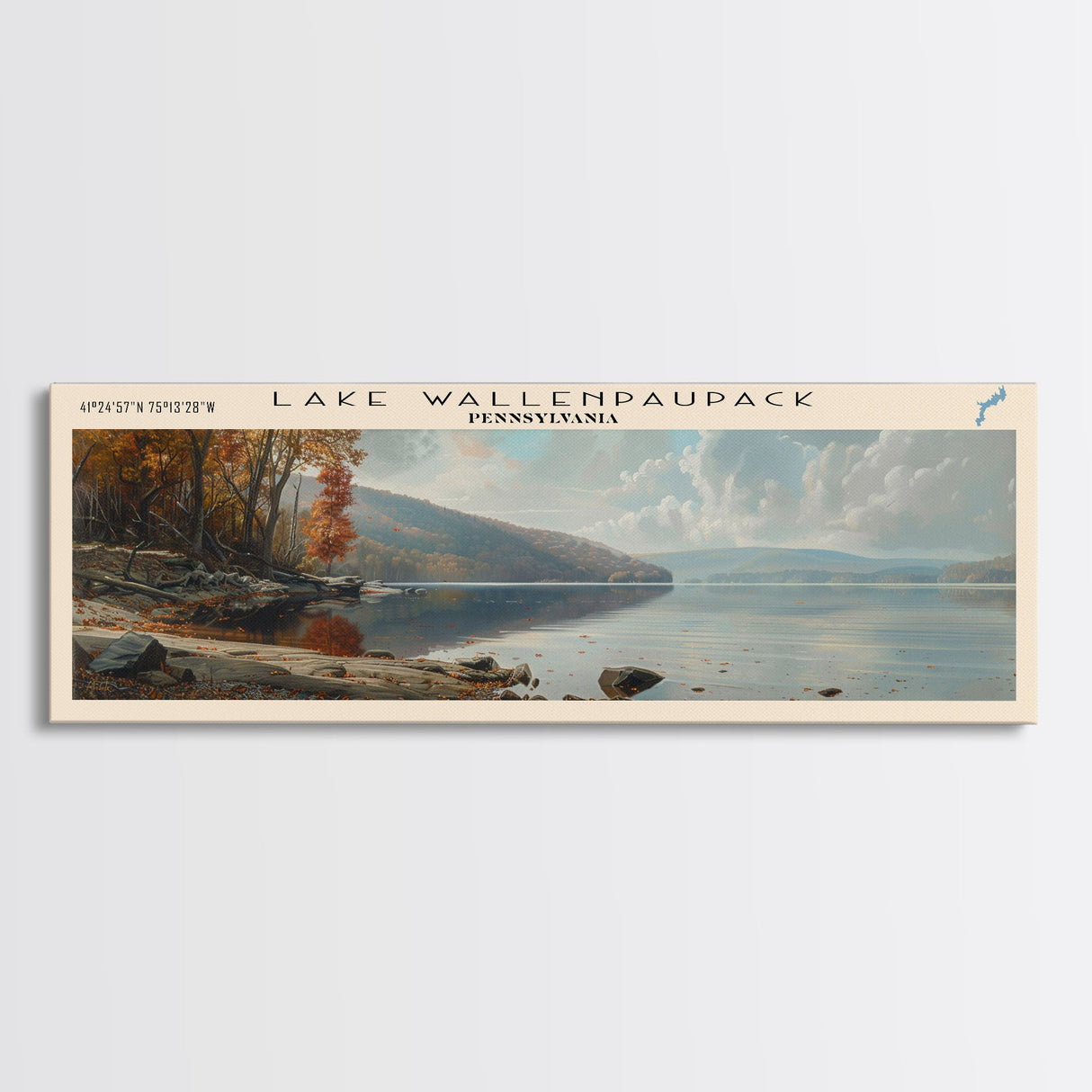 Lake Wallenpaupack Pennsylvania Framed Canvas Print, Lake House Decor, Panoramic Wall Art, Travel Poster, Beautiful Landscape Painting, Living Room Decor