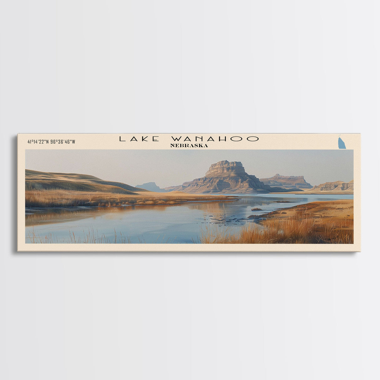 Lake Wanahoo Nebraska Framed Canvas Print, Lake House Decor, Panoramic Wall Art, Travel Poster, Landscape Painting, Bedroom Decor