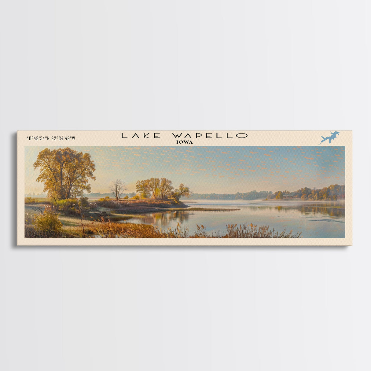 Lake Wapello Iowa Framed Canvas Print, Lake House Decor, Panoramic Wall Art, Travel Poster, Landscape Painting, Modern Art