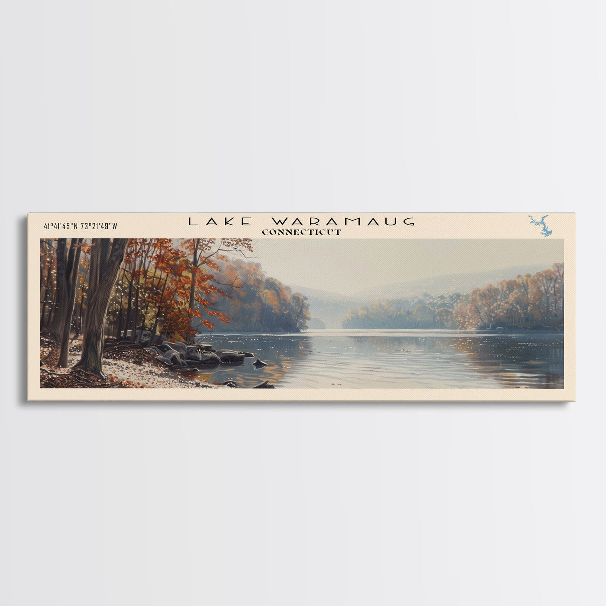 Lake Waramaug Connecticut Framed Canvas Print, Lake House Decor, Panoramic Wall Art, Travel Poster, Beautiful Landscape Painting, Rustic Art