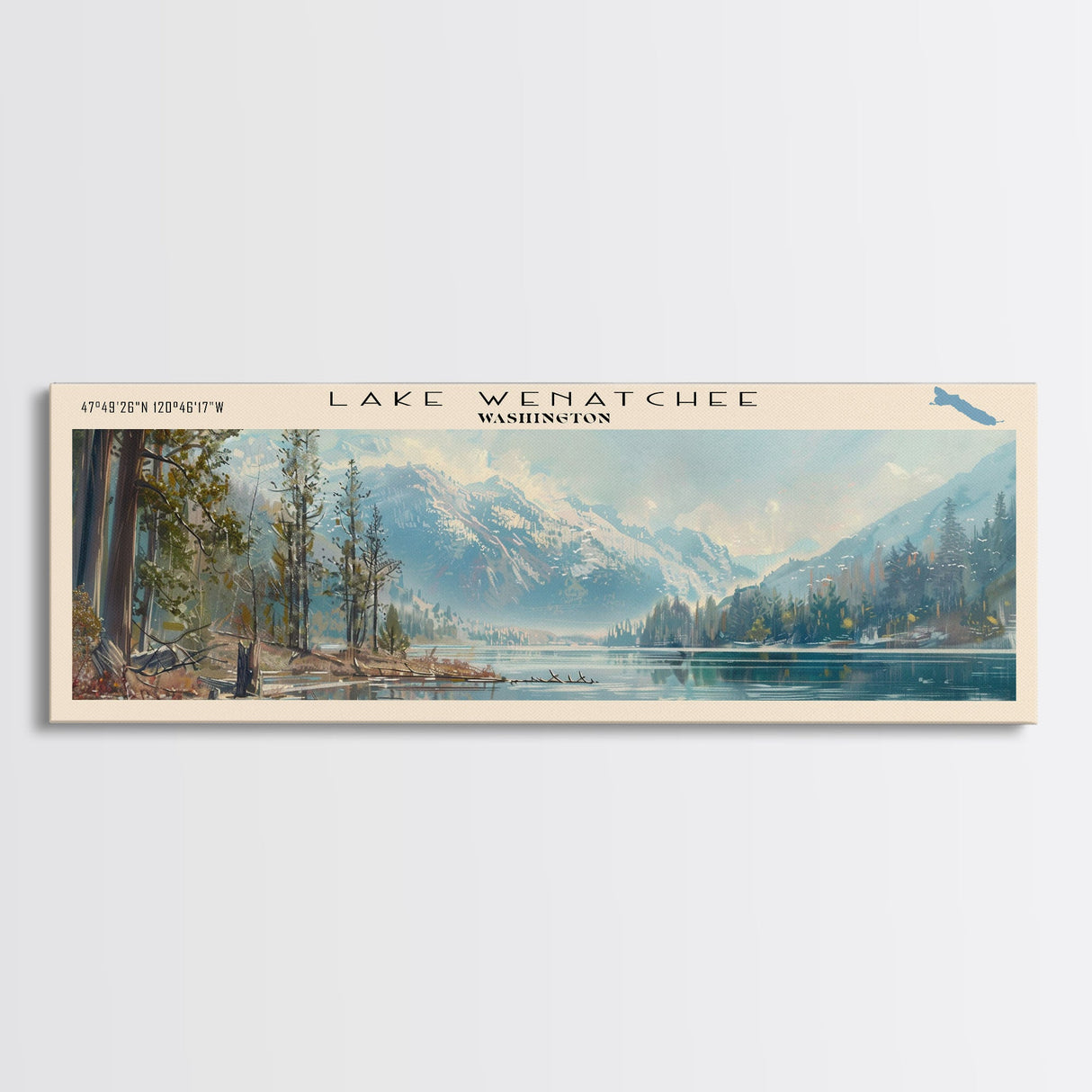 Lake Wenatchee Washington Framed Canvas Print, Lake House Decor, Panoramic Wall Art, Travel Poster, Landscape Painting, Contemporary Art