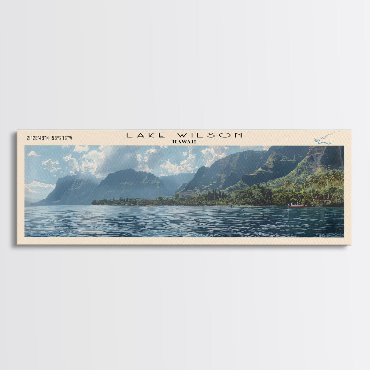 Lake Wilson Hawaii Framed Canvas Print, Lake House Decor, Panoramic Wall Art, Travel Poster, Beautiful Landscape Painting, Modern Art