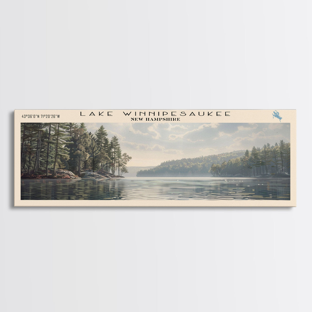 Lake Winnipesaukee Framed Canvas Print, Lake House Decor, Panoramic Wall Art, Travel Poster, Landscape Painting, Modern Art