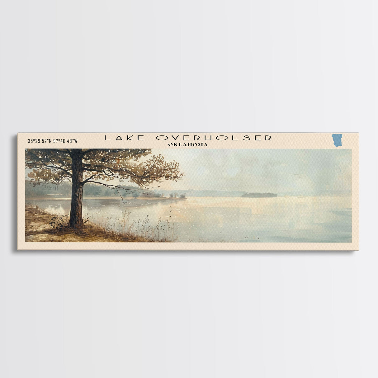 Lake Verholser Oklahoma Framed Canvas Print, Lake House Decor, Panoramic Wall Art, Travel Poster, Landscape Painting, Contemporary Art