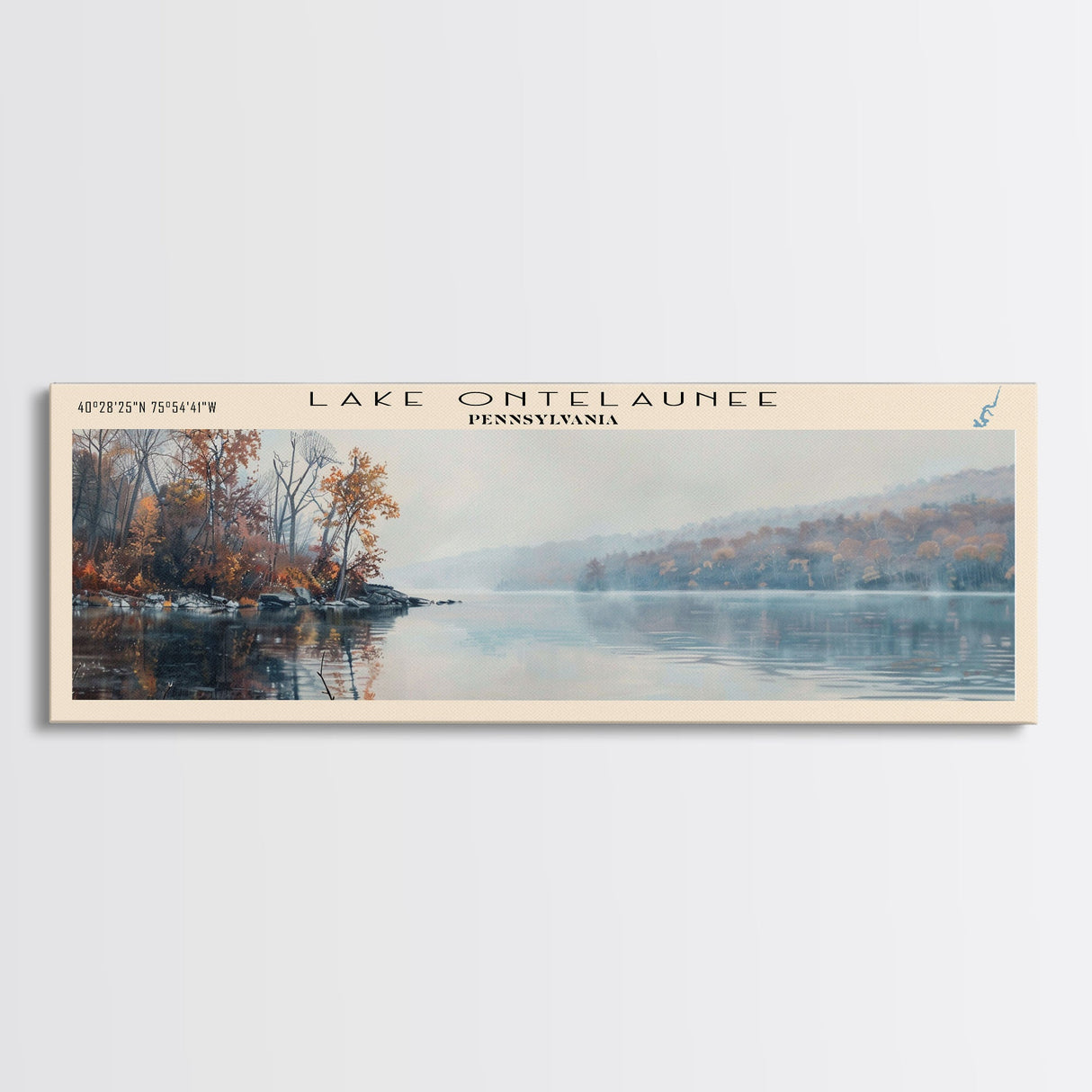 Lake Ontelaunee Pennsylvania Framed Canvas Print, Lake House Decor, Panoramic Wall Art, Travel Poster, Beautiful Landscape Painting, Modern Art