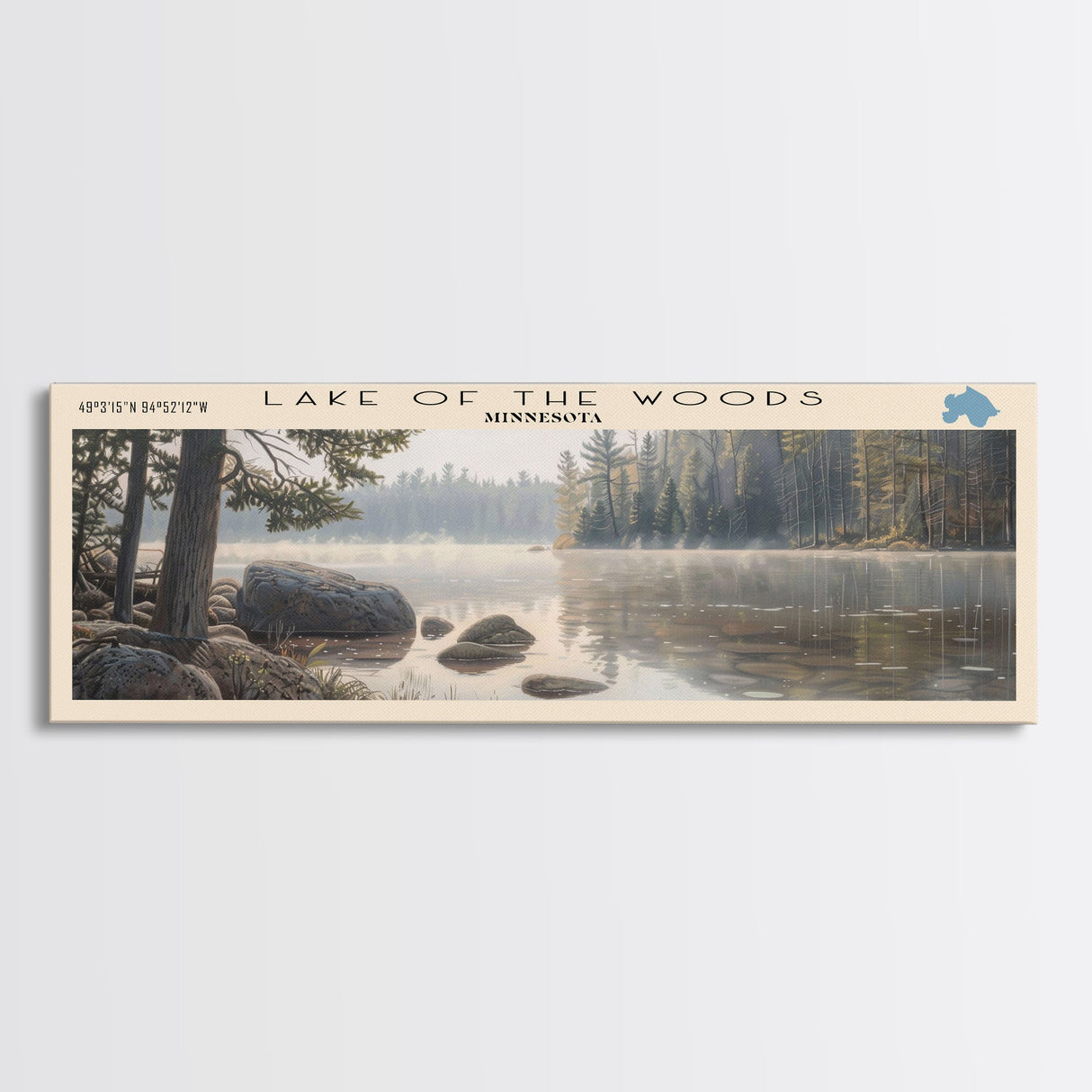 Lake of the Woods Framed Canvas Print, Lake House Decor, Panoramic Wall Art, Travel Poster, Landscape Painting, Contemporary Art