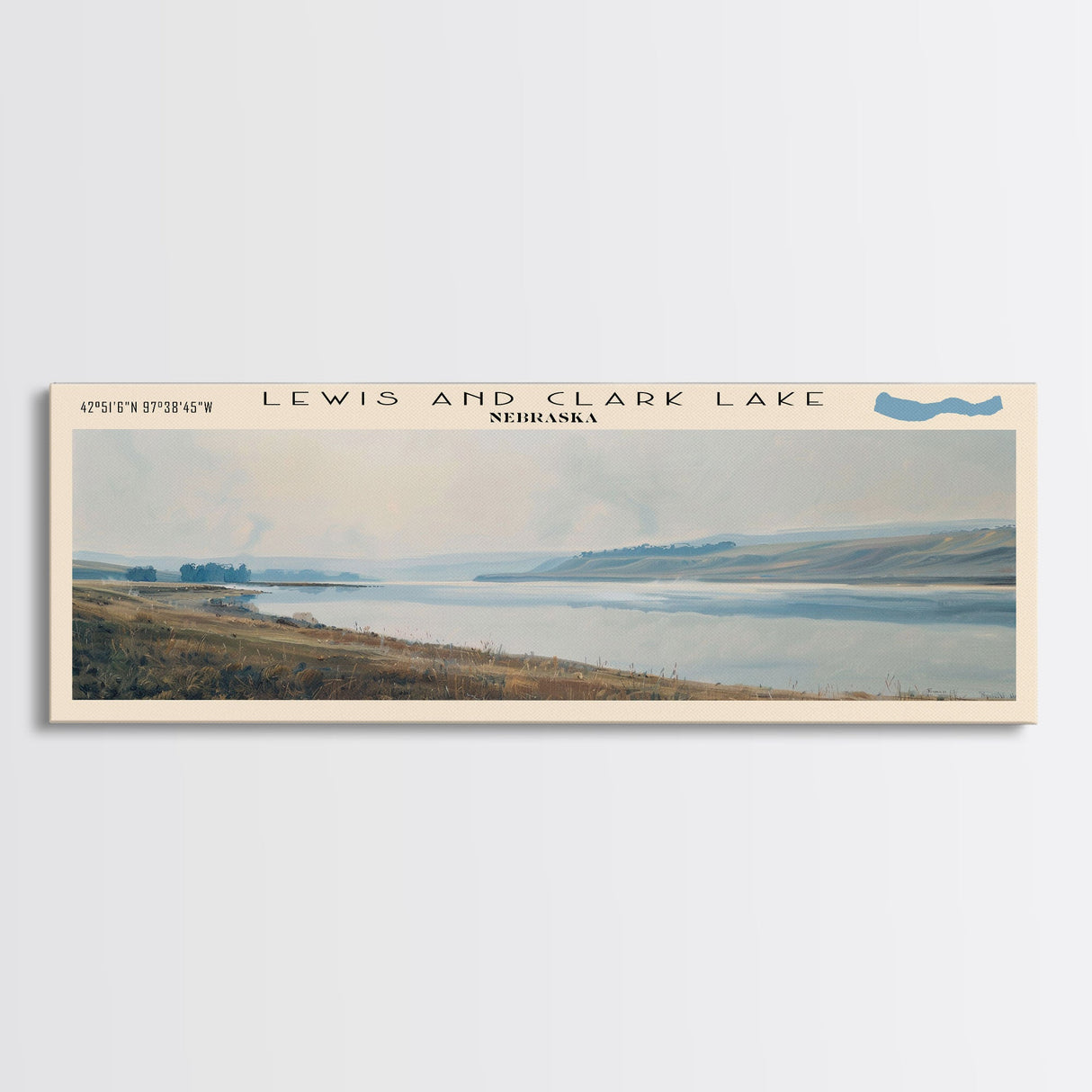 Lewis And Clark Lake Nebraska Framed Canvas Print, Lake House Decor, Panoramic Wall Art, Travel Poster, Scenic Landscape Painting, Contemporary Art