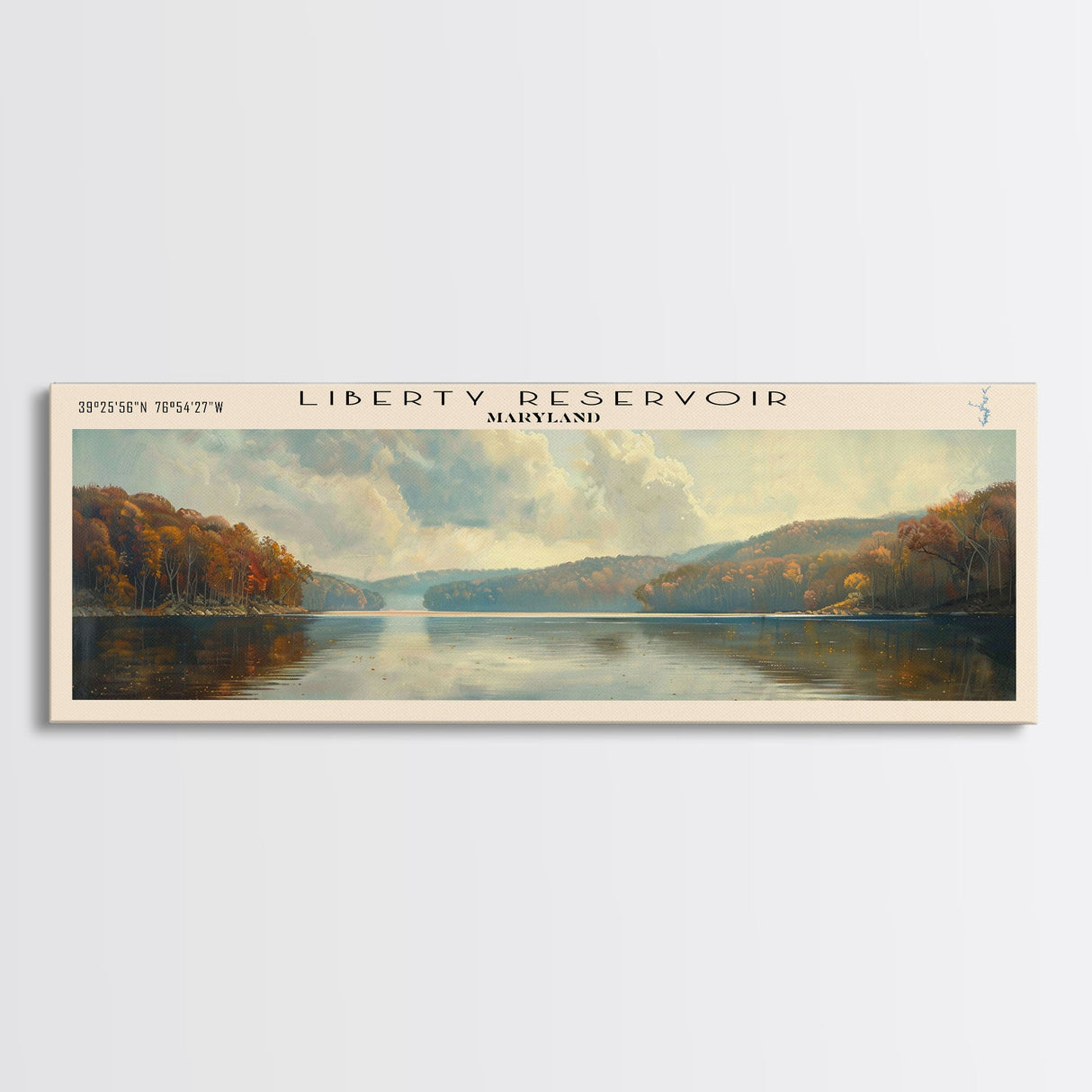 Liberty Reservoir Framed Canvas Print, Lake House Decor, Panoramic Wall Art, Travel Poster, Beautiful Landscape Painting, Rustic Art