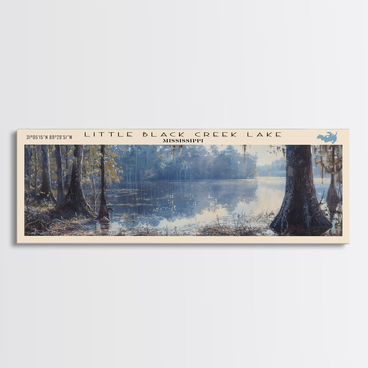 Little Black Creek Lake Mississippi Framed Canvas Print, Lake House Decor, Panoramic Wall Art, Travel Poster, Landscape Painting, Living Room Decor