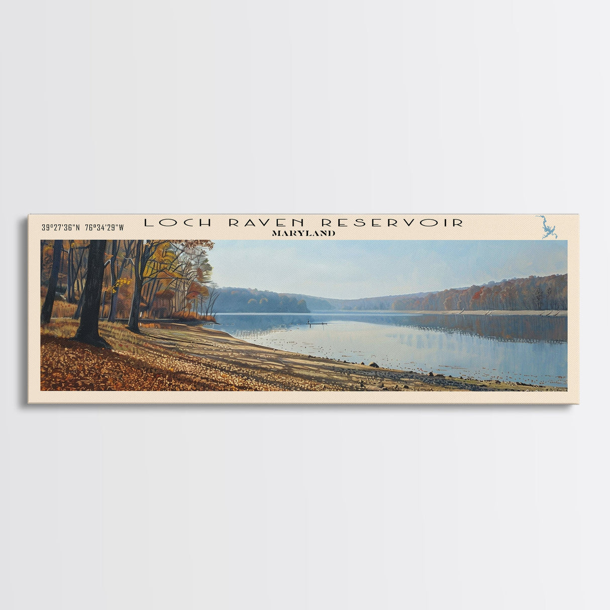 Loch Raven Reservoir Maryland Framed Canvas Print, Lake House Decor, Panoramic Wall Art, Travel Poster, Landscape Painting, Contemporary Art