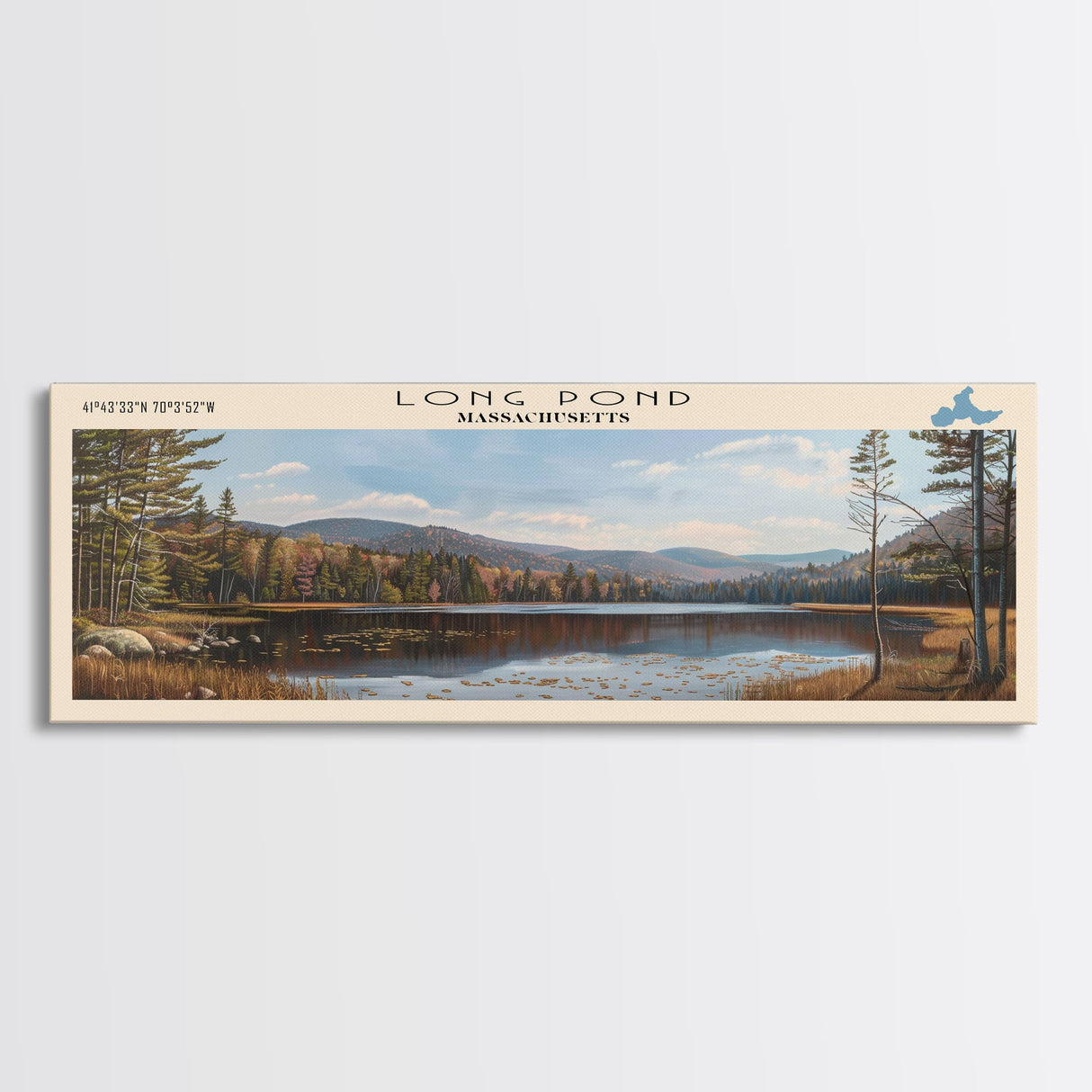 Mansfield Hollow Lake Connecticut Framed Canvas Print, Lake House Decor, Panoramic Wall Art, Travel Poster, Landscape Painting, Contemporary Art