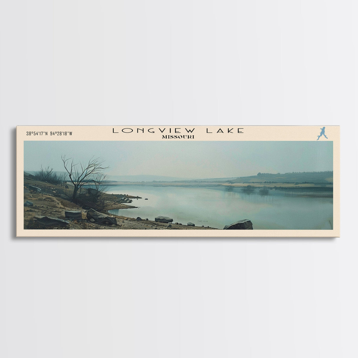 Longview Lake Missouri Framed Canvas Print, Lake House Decor, Panoramic Wall Art, Travel Poster, Beautiful Landscape Painting, Modern Art