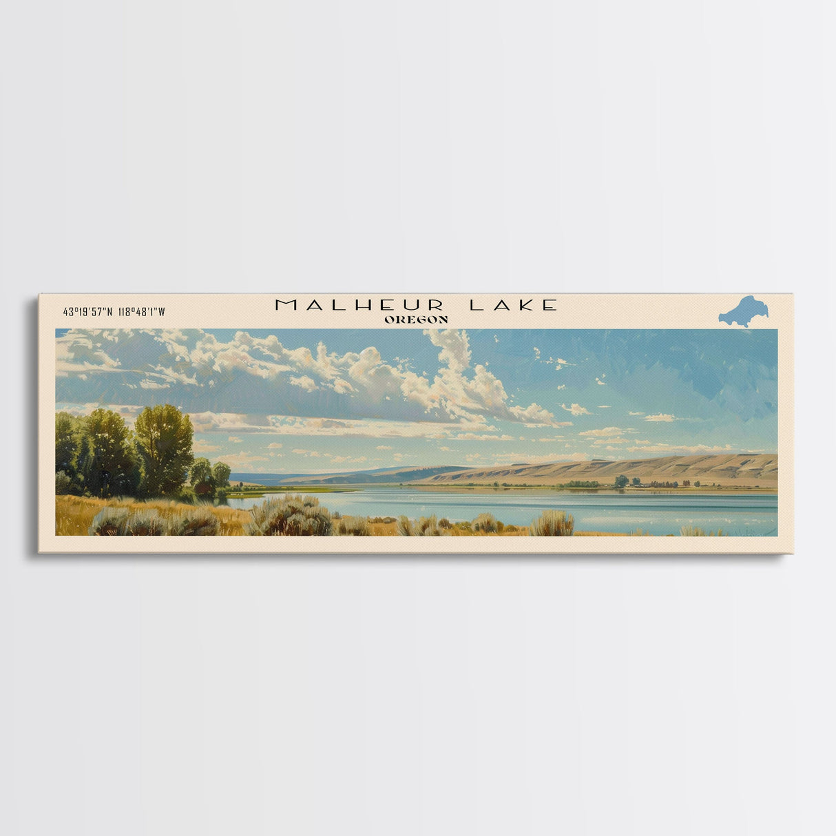 Malheur Lake Framed Canvas Print, Lake House Decor, Panoramic Wall Art, Travel Poster, Landscape Painting, Contemporary Art