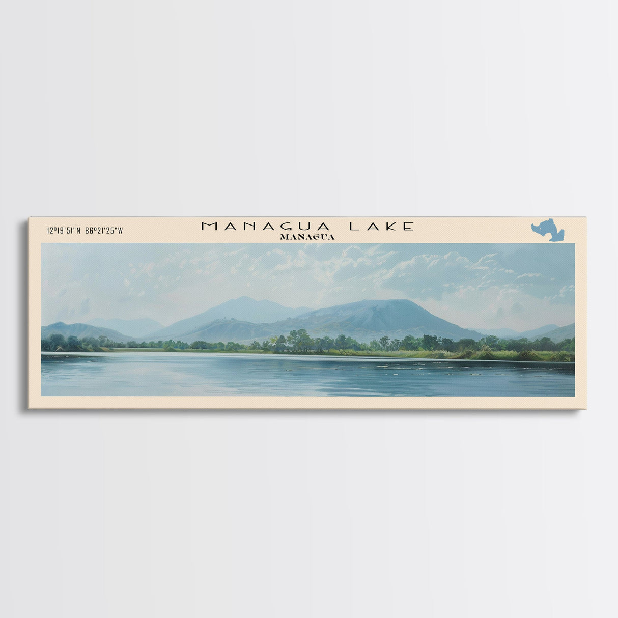 Managua Lake Framed Canvas Print, Lake House Decor, Panoramic Wall Art, Travel Poster, Scenic Landscape Painting, Living Room Decor