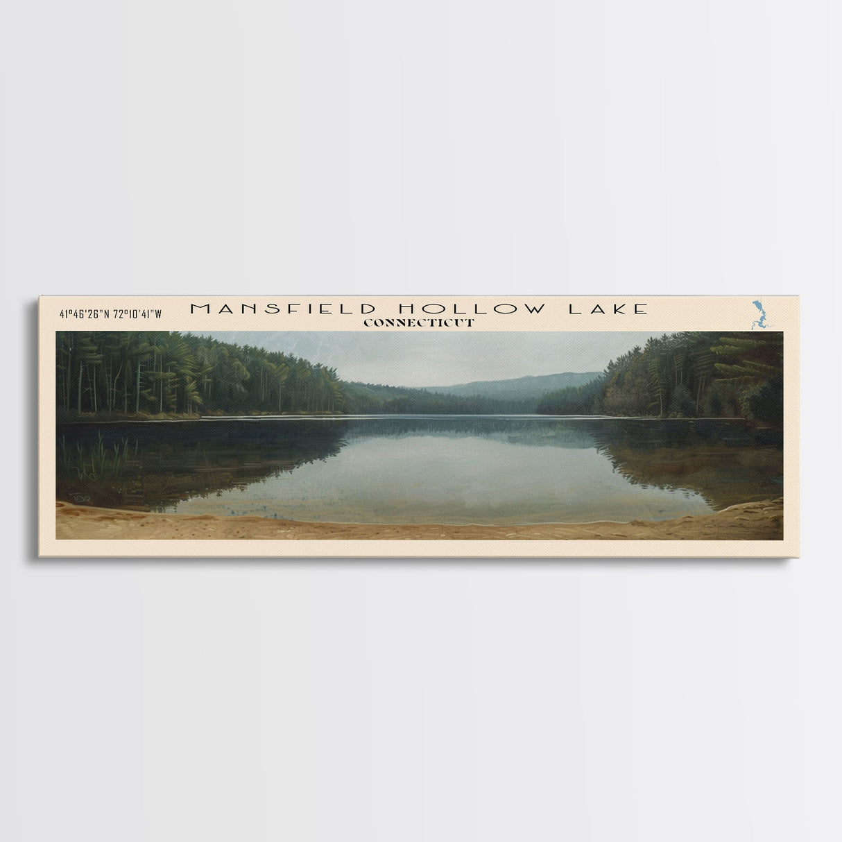 Mansfield Hollow Lake Connecticut Framed Canvas Print, Lake House Decor, Panoramic Wall Art, Travel Poster, Landscape Painting, Contemporary Art