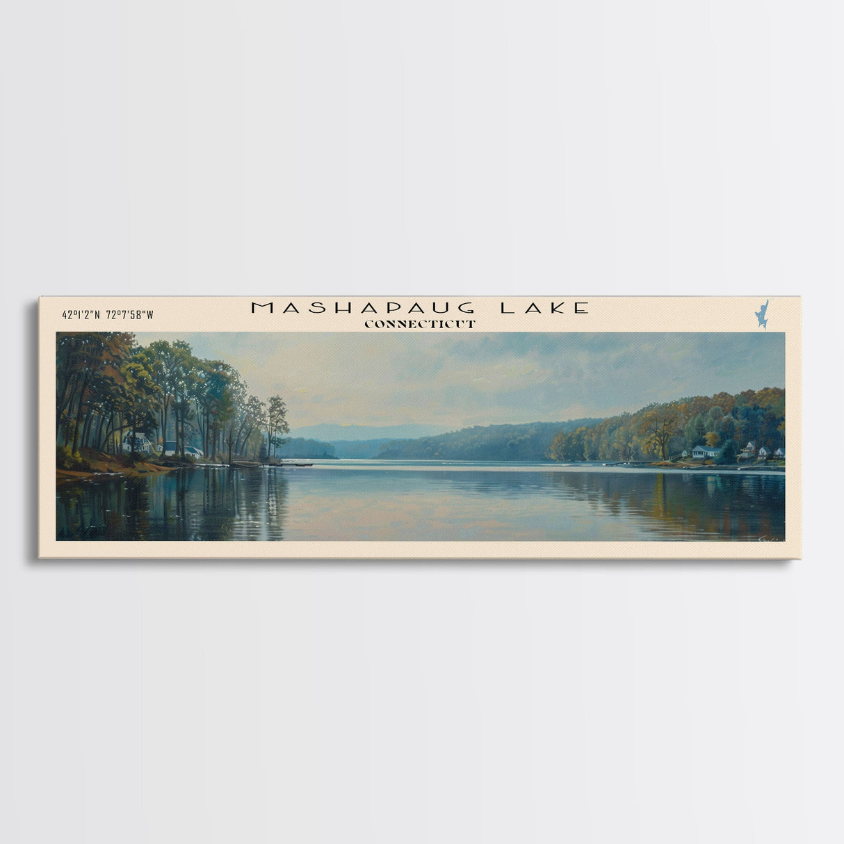 Mashapaug Lake Connecticut Framed Canvas Print, Lake House Decor, Panoramic Wall Art, Travel Poster, Beautiful Landscape Painting, Living Room Decor