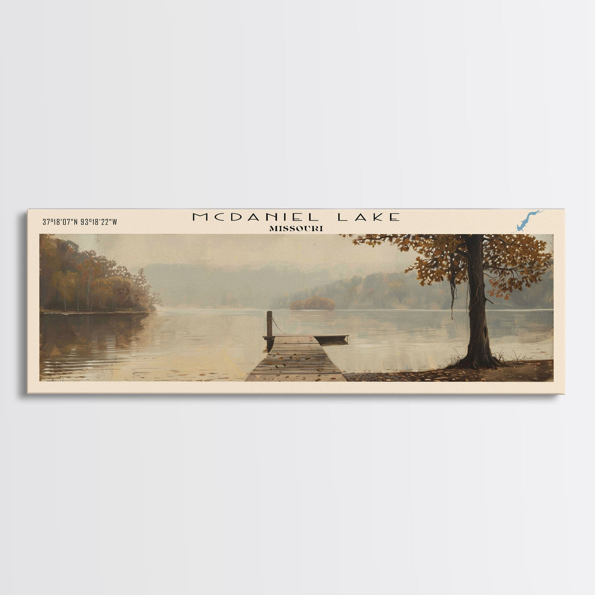 McDaniel Lake Missouri Framed Canvas Print, Lake House Decor, Panoramic Wall Art, Travel Poster, Scenic Landscape Painting, Contemporary Art