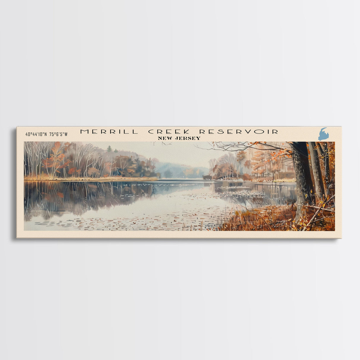 Merrill Creek Reservoir New Jersey Framed Canvas Print, Lake House Decor, Panoramic Wall Art, Travel Poster, Scenic Landscape Painting, Living Room Decor