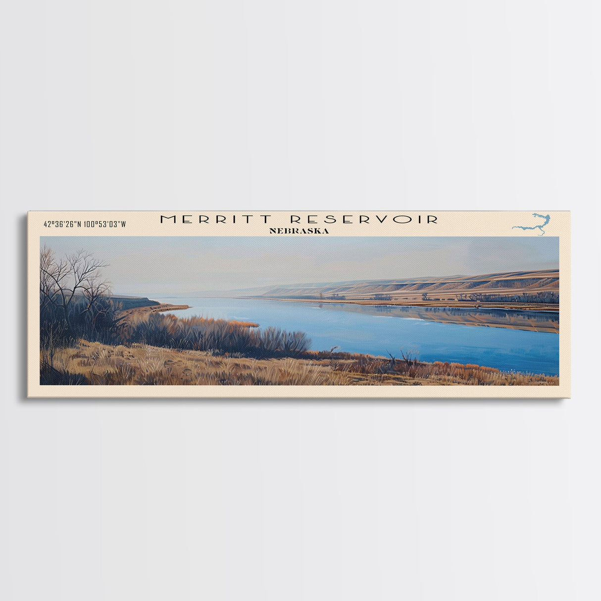 Merritt Reservoir Nebraska Framed Canvas Print, Lake House Decor, Panoramic Wall Art, Travel Poster, Beautiful Landscape Painting, Modern Art