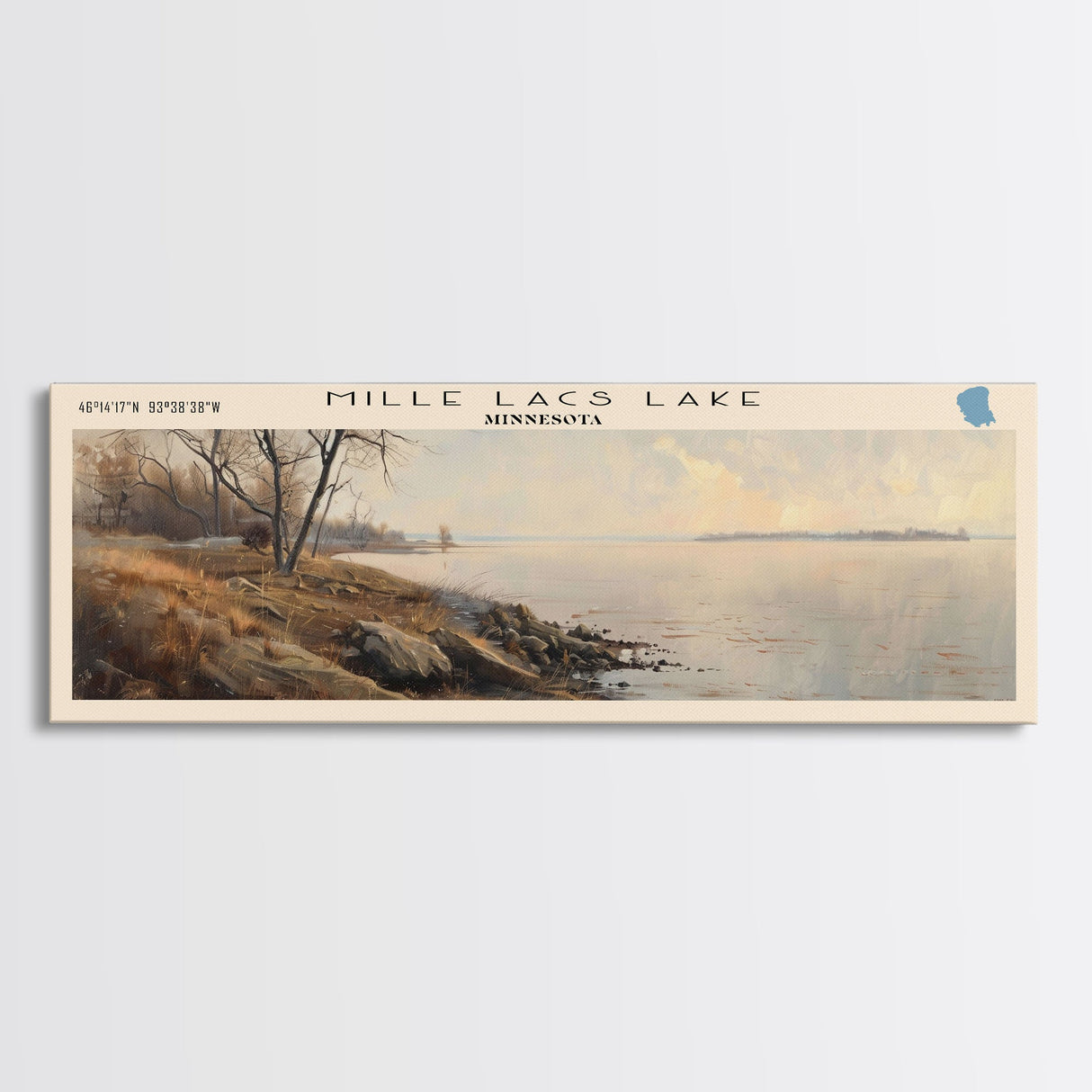 Mille Lacs Lake Framed Canvas Print, Lake House Decor, Panoramic Wall Art, Travel Poster, Landscape Painting, Contemporary Art