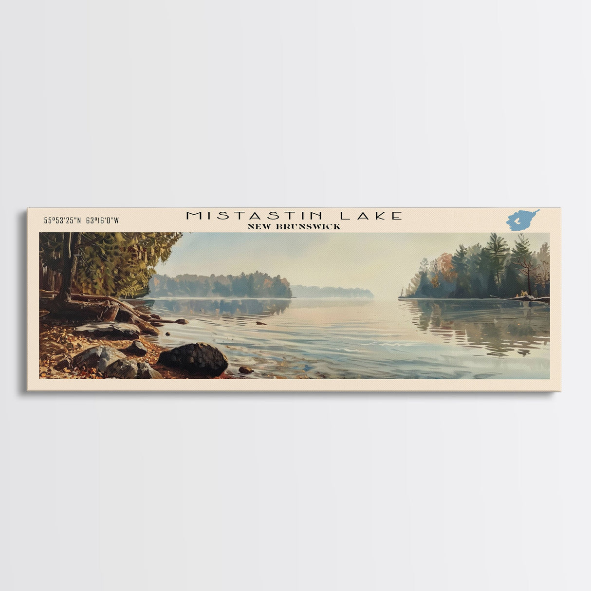 Mistastin Lake Framed Canvas Print, Lake House Decor, Panoramic Wall Art, Travel Poster, Landscape Painting, Modern Art