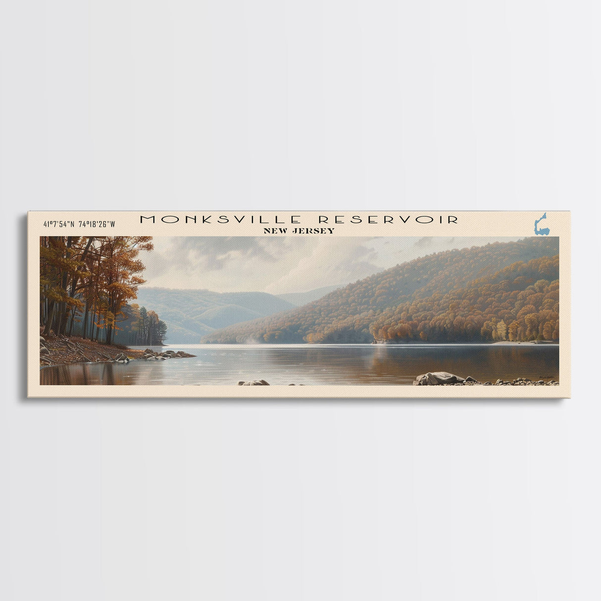 Monksville Reservoir New Jersey Framed Canvas Print, Lake House Decor, Panoramic Wall Art, Travel Poster, Landscape Painting, Bedroom Decor