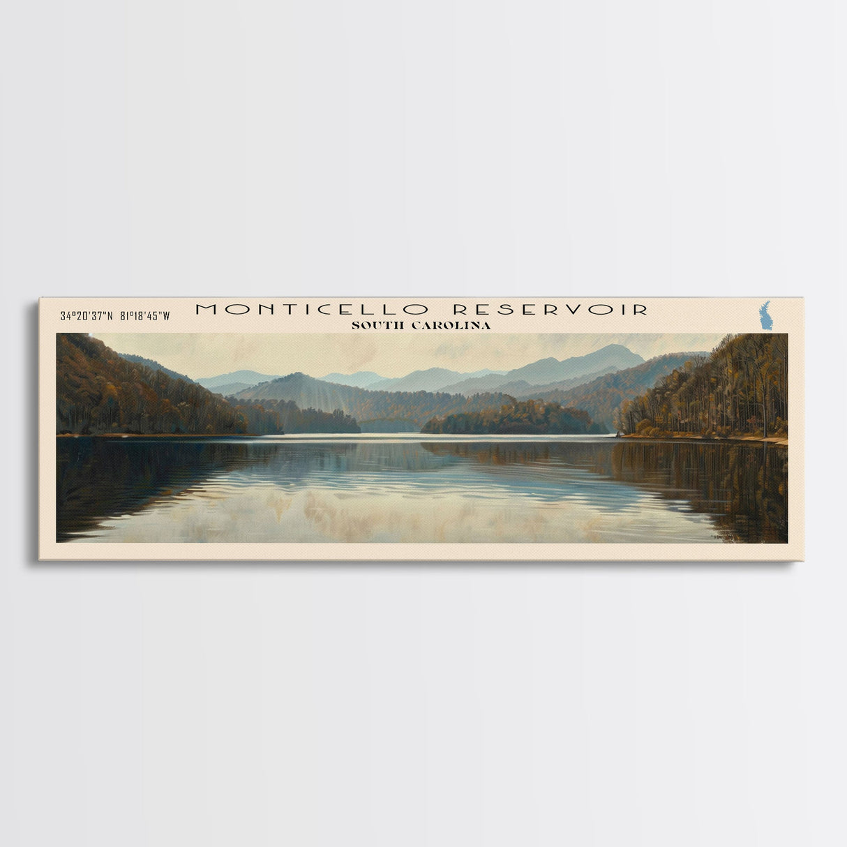 Monticello Reservoir South Carolina Framed Canvas Print, Lake House Decor, Panoramic Wall Art, Travel Poster, Scenic Landscape Painting, Contemporary Art