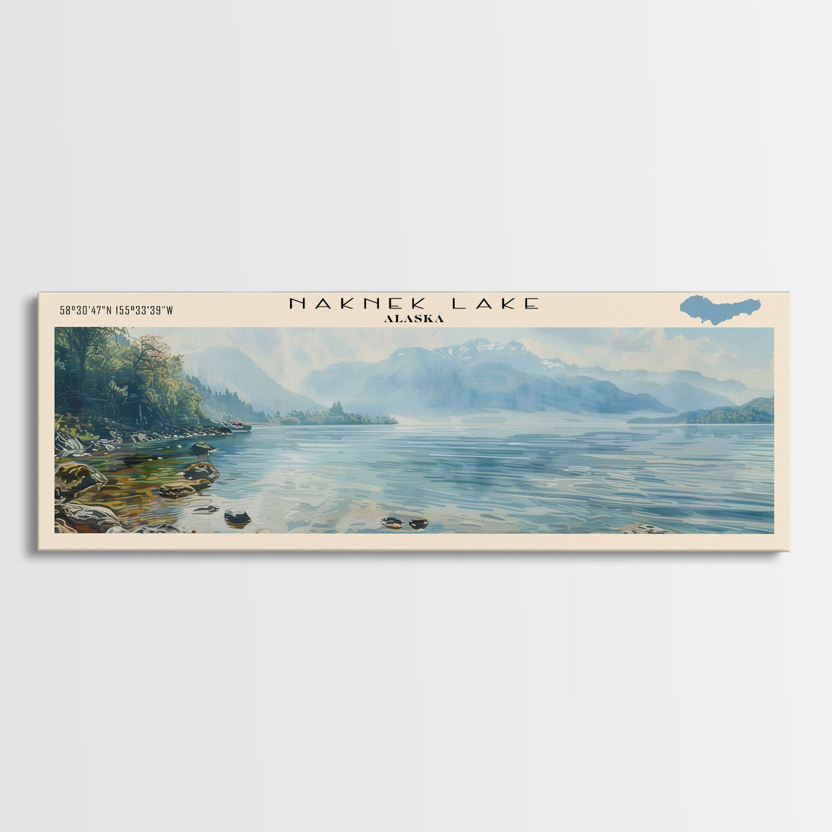 Naknek Lake Framed Canvas Print, Lake House Decor, Panoramic Wall Art, Travel Poster, Landscape Painting, Modern Art