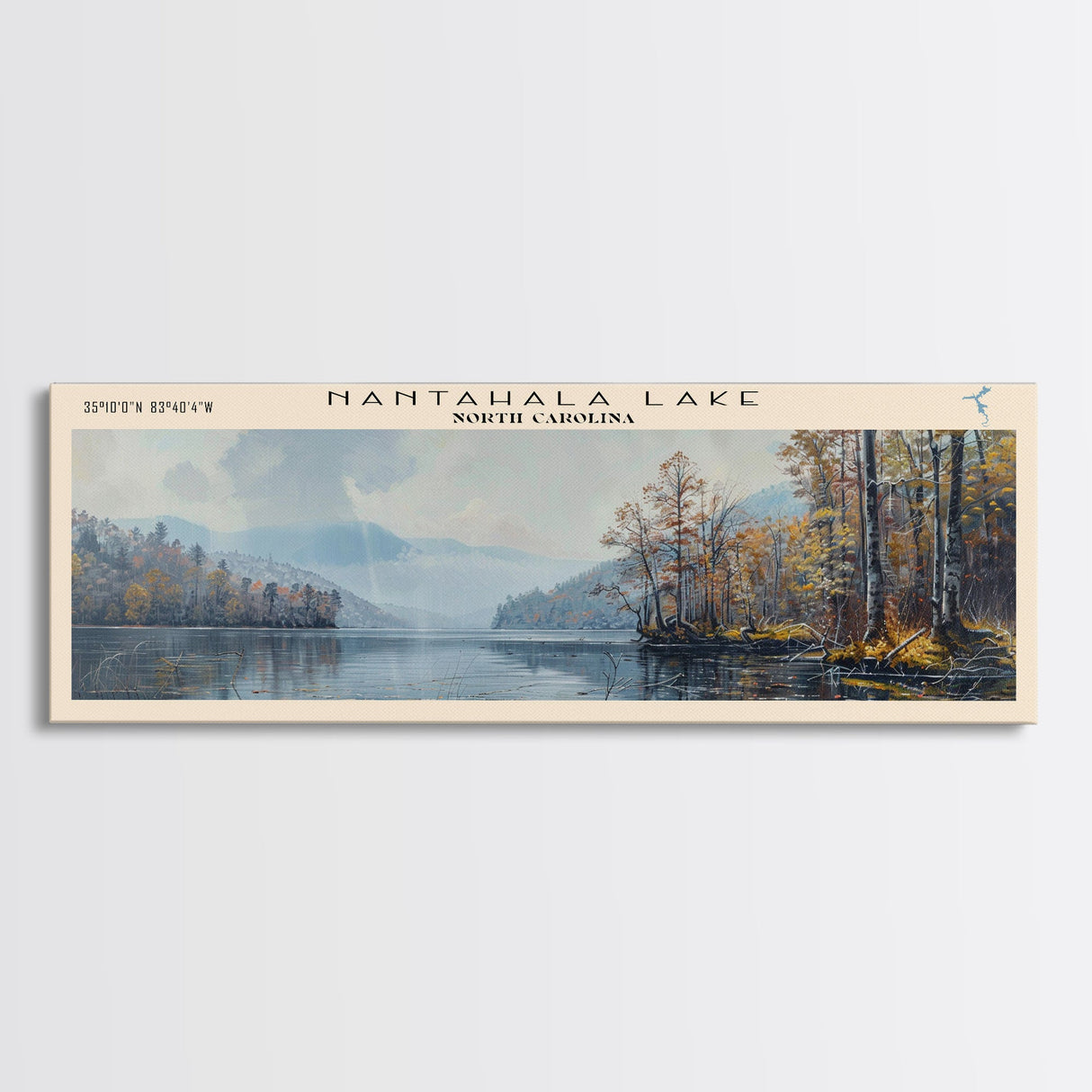 Nantahala Lake North Carolina Framed Canvas Print, Lake House Decor, Panoramic Wall Art, Travel Poster, Scenic Landscape Painting, Contemporary Art