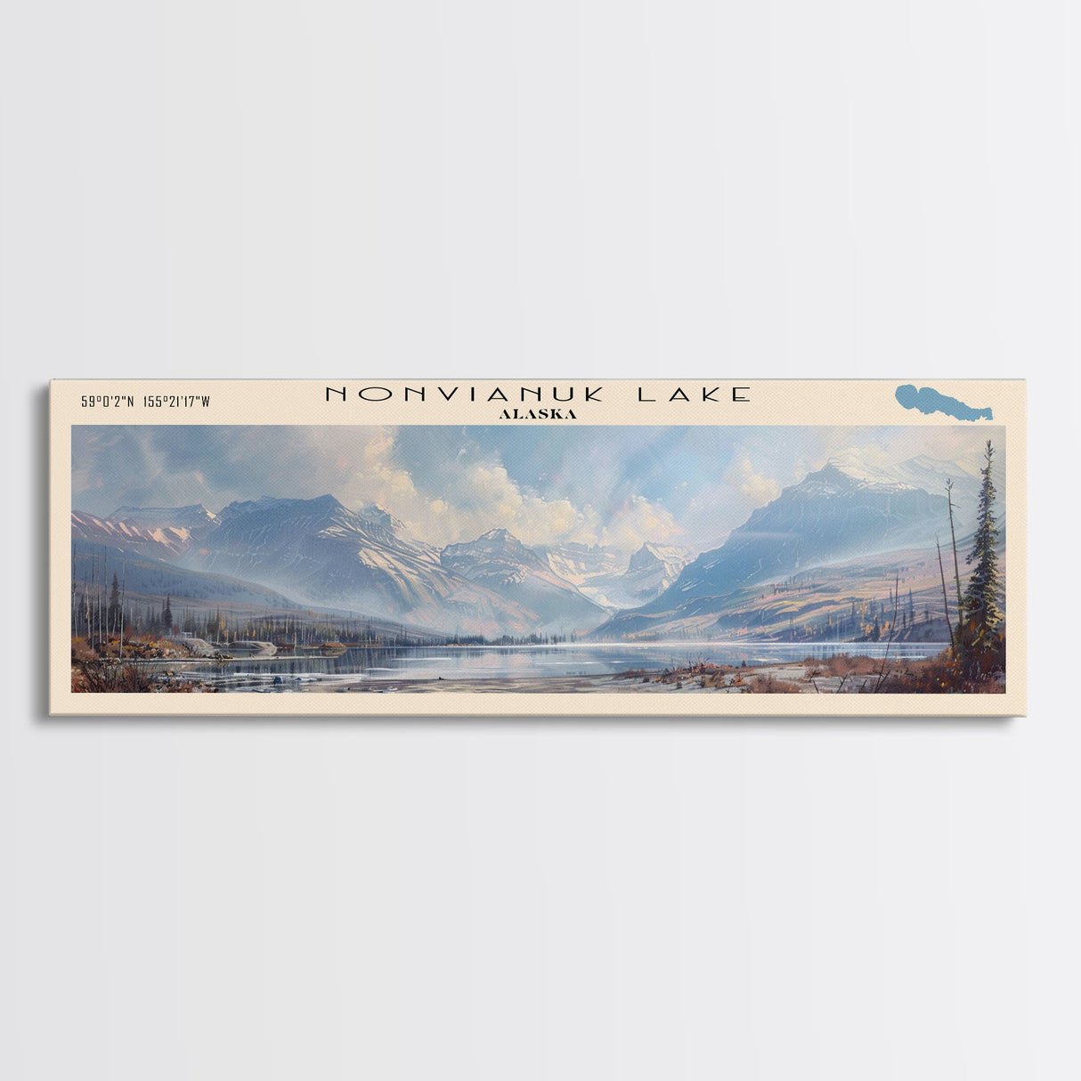 Nonvianuk Lake Framed Canvas Print, Lake House Decor, Panoramic Wall Art, Travel Poster, Scenic Landscape Painting, Contemporary Art