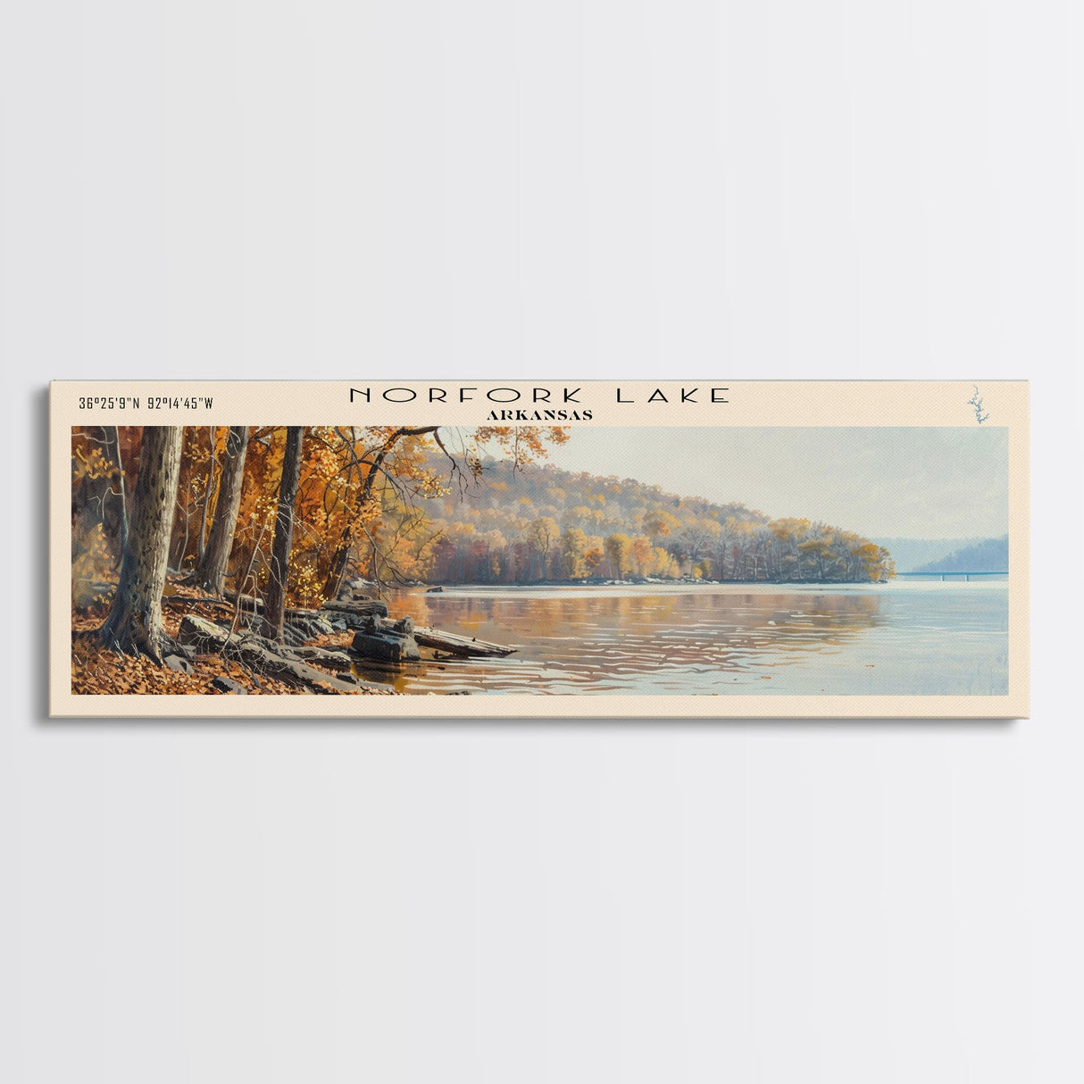 Norfork Lake Arkansas Framed Canvas Print, Lake House Decor, Panoramic Wall Art, Travel Poster, Landscape Painting, Bedroom Decor