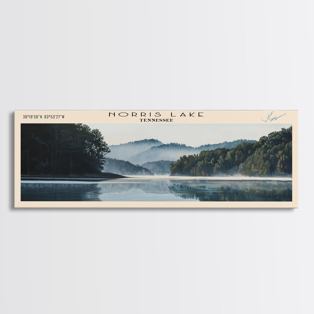 Norris Lake Tennessee Framed Canvas Print, Lake House Decor, Panoramic Wall Art, Travel Poster, Scenic Landscape Painting, Living Room Decor