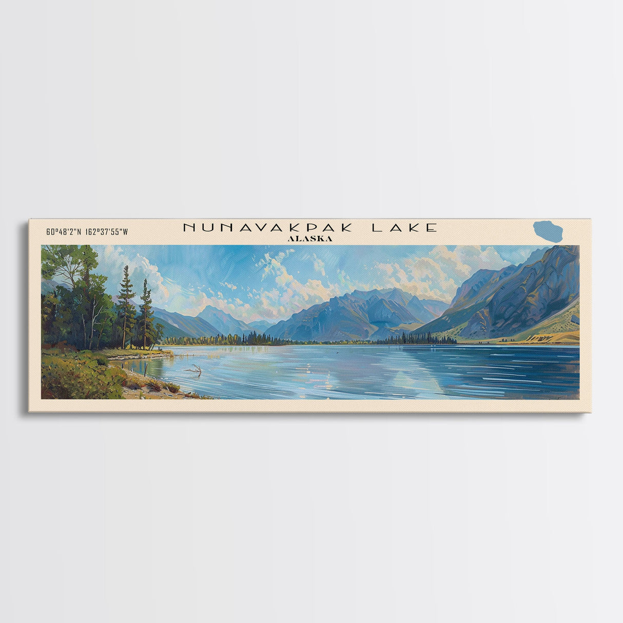 Nunavakpak Lake Framed Canvas Print, Lake House Decor, Panoramic Wall Art, Travel Poster, Scenic Landscape Painting, Contemporary Art