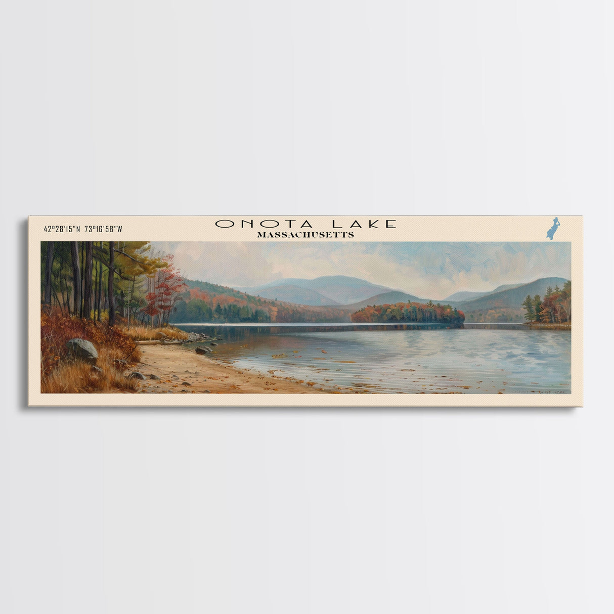 Onota Lake Massachusetts Framed Canvas Print, Lake House Decor, Panoramic Wall Art, Travel Poster, Landscape Painting, Modern Art