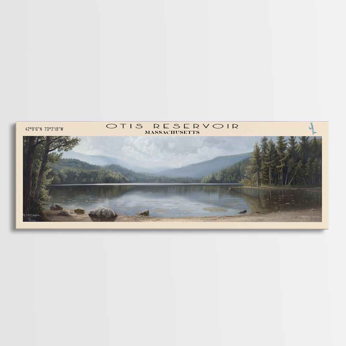 Otis Reservoir Massachusetts Framed Canvas Print, Lake House Decor, Panoramic Wall Art, Travel Poster, Landscape Painting, Bedroom Decor