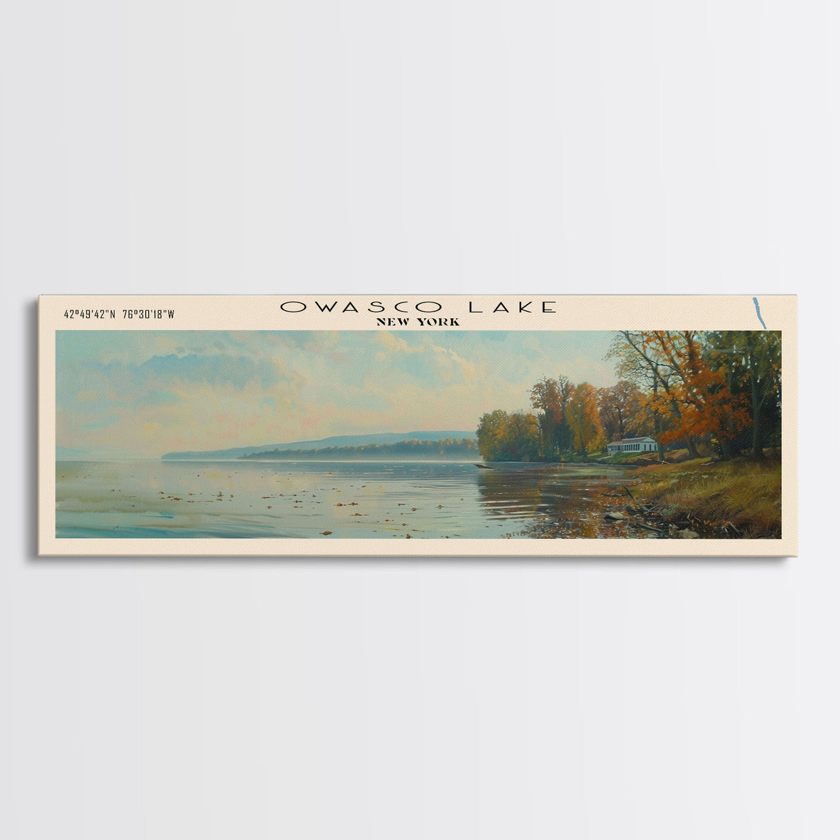 Owasco Lake New York Framed Canvas Print, Lake House Decor, Panoramic Wall Art, Travel Poster, Beautiful Landscape Painting, Modern Art