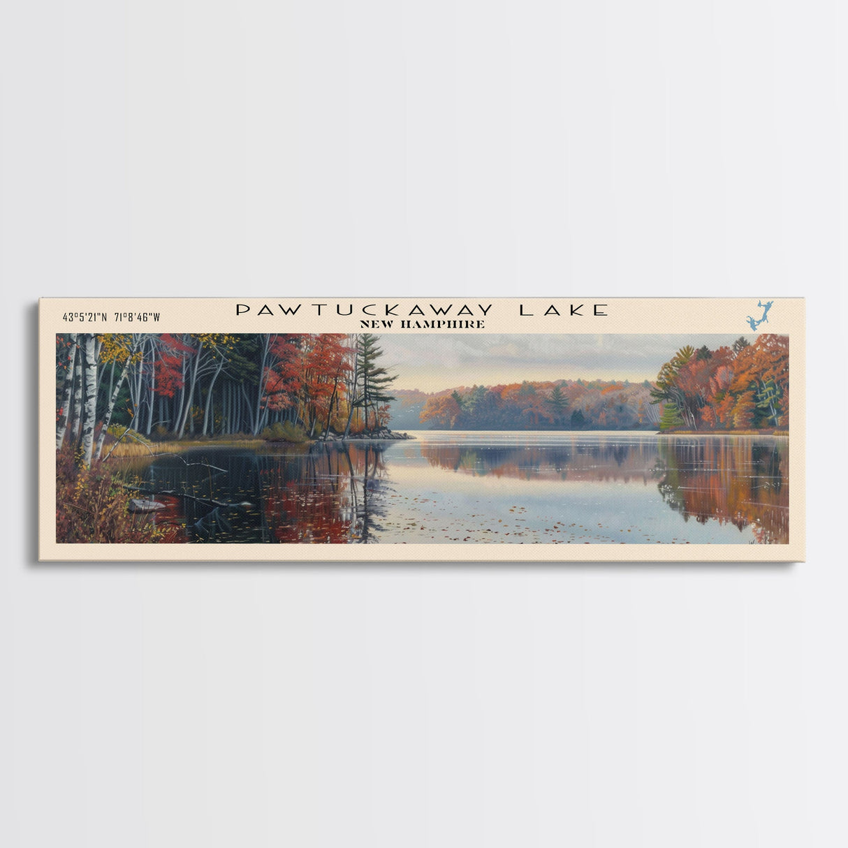 Pawtuckaway Lake New Hampshire Framed Canvas Print, Lake House Decor, Panoramic Wall Art, Travel Poster, Beautiful Landscape Painting, Living Room Decor