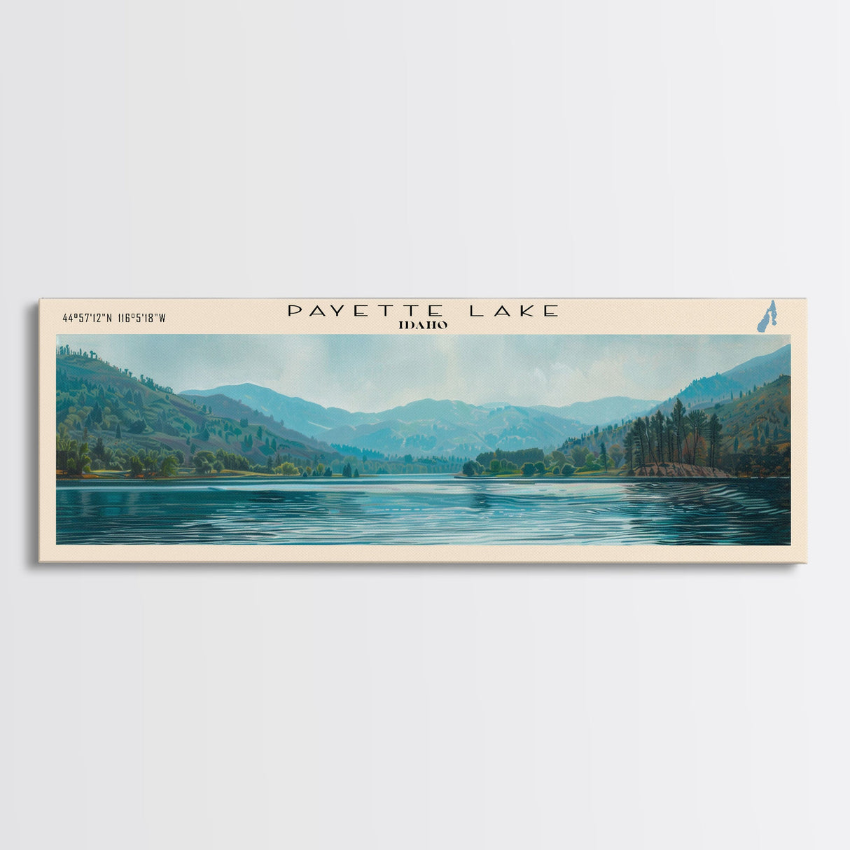 Payette Lake Idaho Framed Canvas Print, Lake House Decor, Panoramic Travel Poster, Landscape Painting, Modern Art