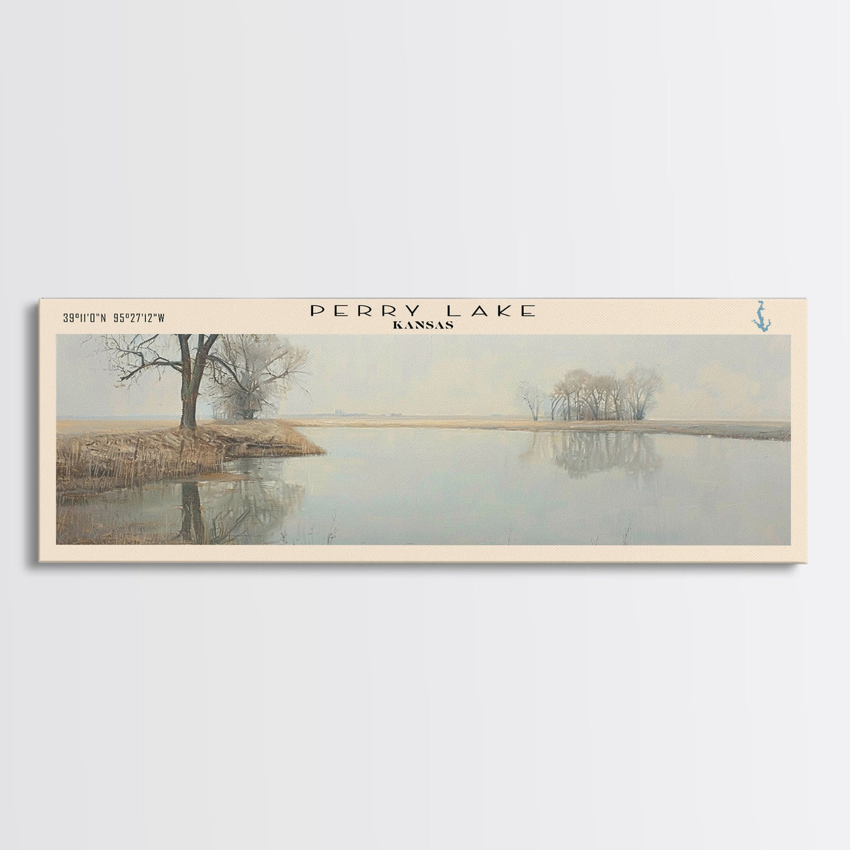 Perry Lake Kansas Framed Canvas Print, Lake House Decor, Panoramic Wall Art, Travel Poster, Beautiful Landscape Painting, Living Room Decor