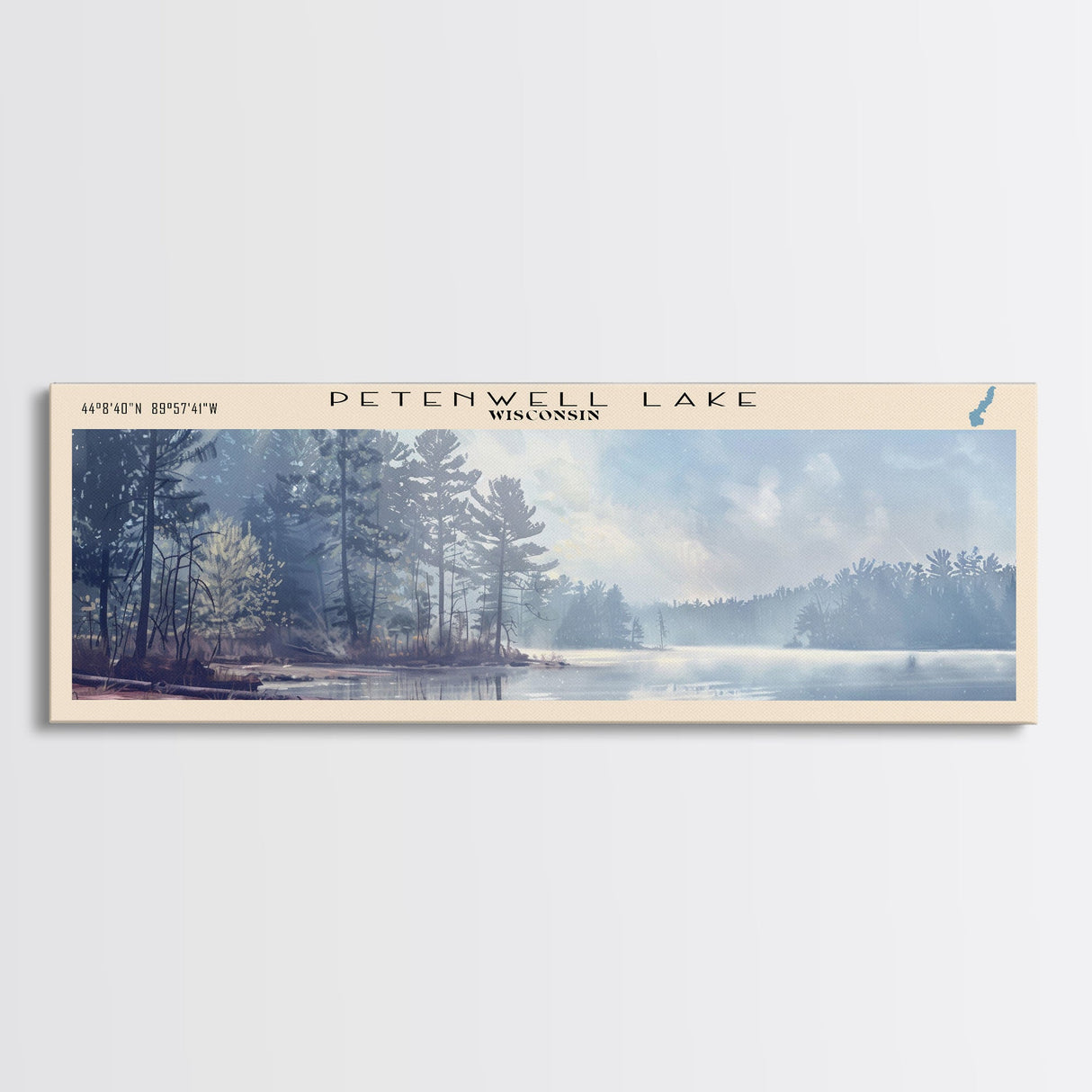 Petenwell Lake Wisconsin Framed Canvas Print, Lake House Decor, Panoramic Travel Poster, Landscape Painting, Modern Art