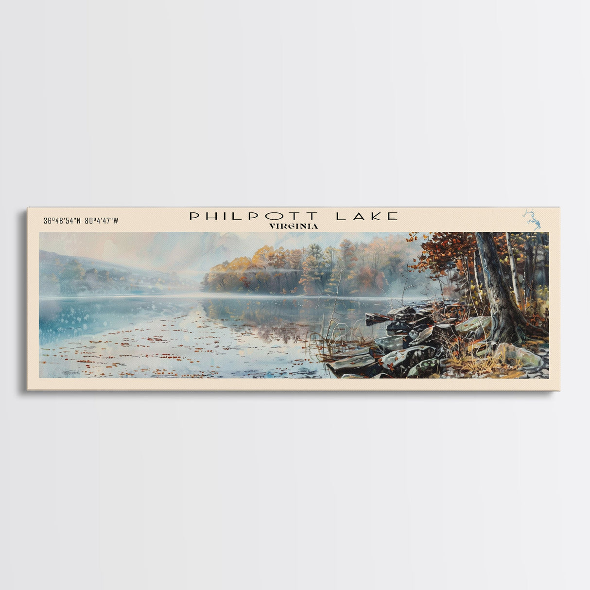 Philpott Lake Virginia Framed Canvas Print, Lake House Decor, Panoramic Travel Poster, Scenic Wall Art, Living Room Decor