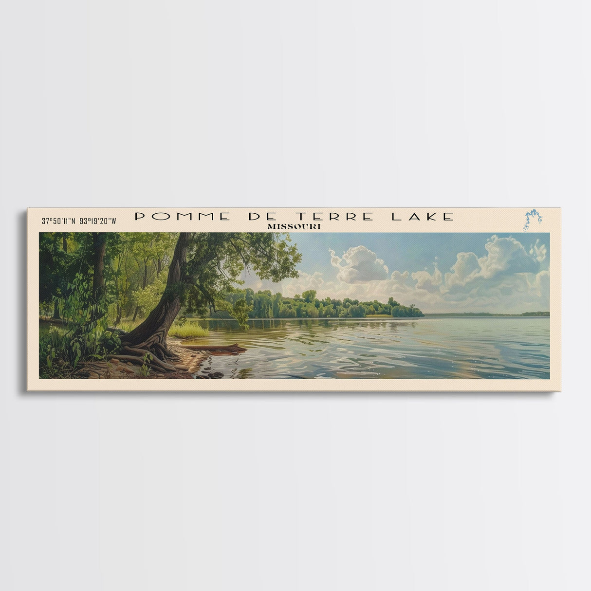 Rathbun Lake Iowa Framed Canvas Print, Lake House Decor, Panoramic Wall Art, Travel Poster, Beautiful Landscape Painting, Living Room Decor