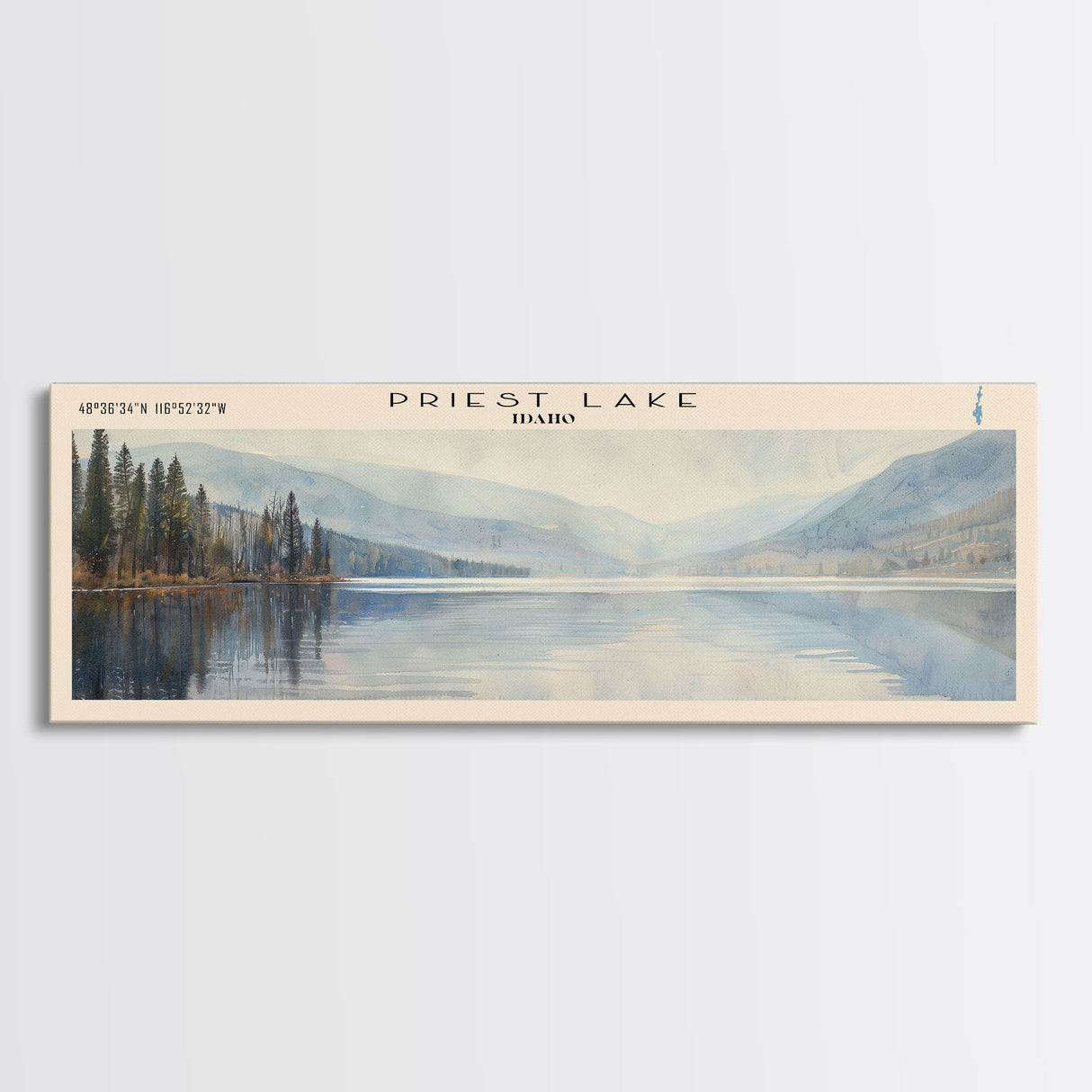 Priest Lake Idaho Framed Canvas Print, Lake House Decor, Panoramic Wall Art, Travel Poster, Beautiful Landscape Painting, Living Room Decor