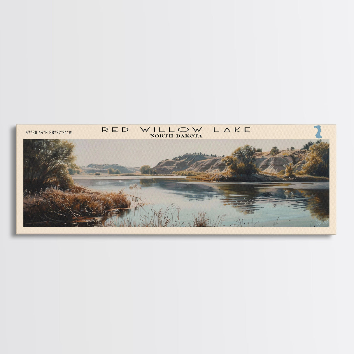 Red Willow Lake North Dakota Framed Canvas Print, Lake House Decor, Wall Art, Panoramic Travel Poster, Scenic Landscape Painting, Bedroom Decor