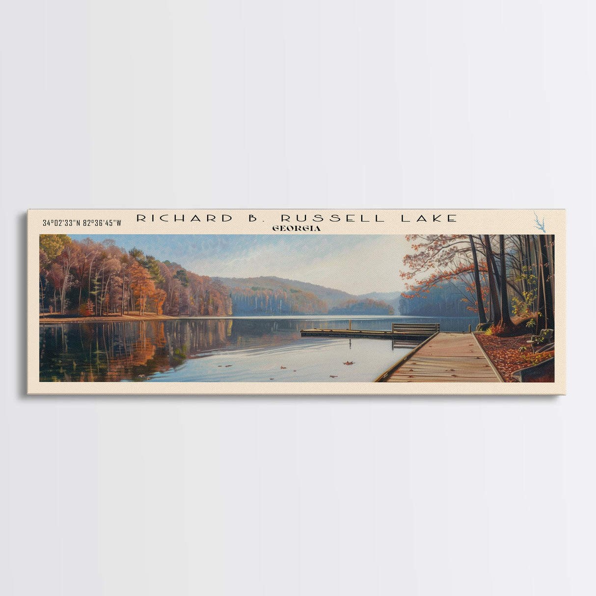 Richard B. Russell Lake Georgia Framed Canvas Print, Lake House Decor, Wall Art, Panoramic Travel Poster, Scenic Landscape Painting, Bedroom Decor