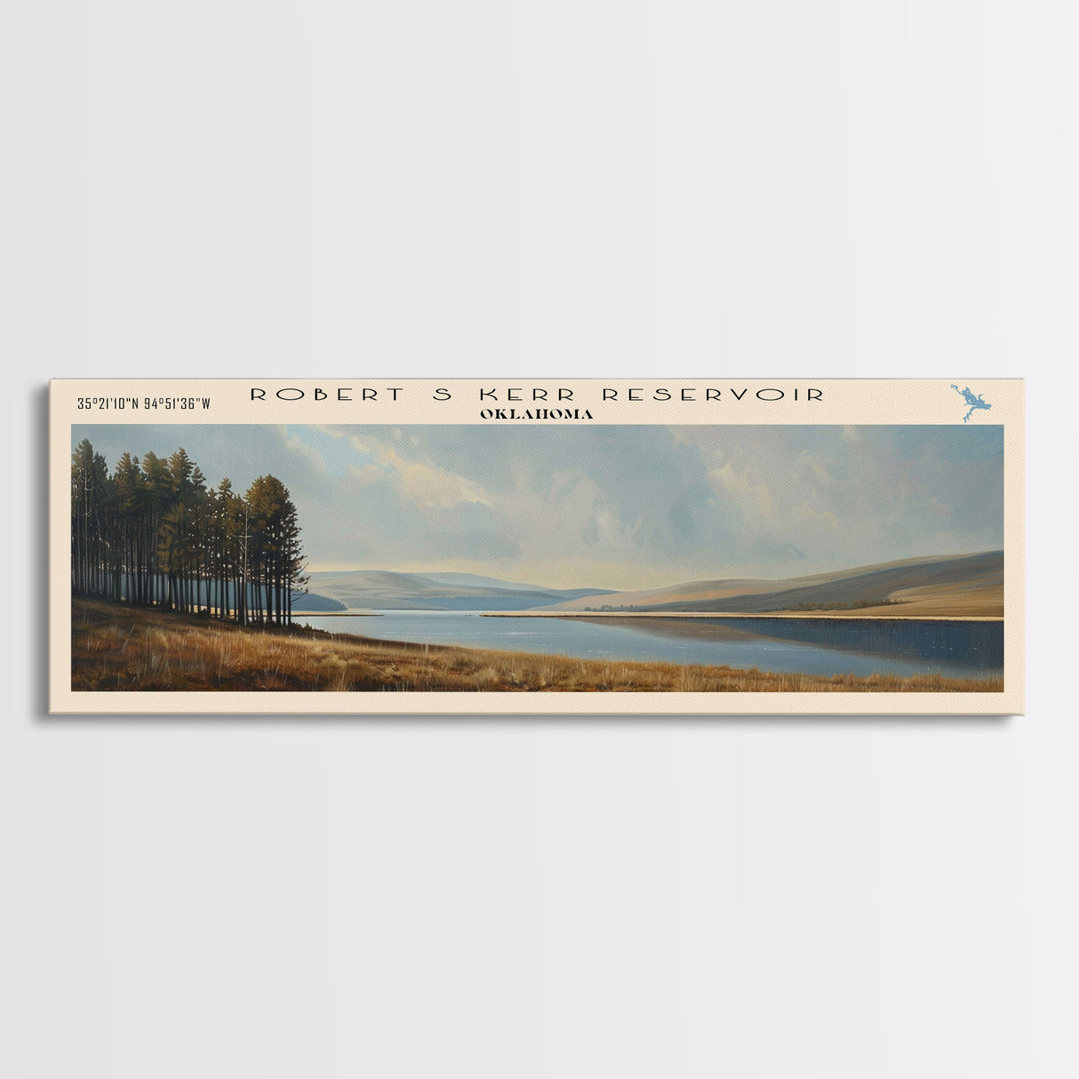 Robert S. Kerr Reservoir Framed Canvas Print, Lake House Decor, Panoramic Wall Art, Travel Poster, Beautiful Landscape Painting, Living Room Decor