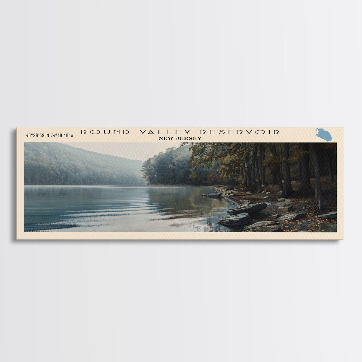 Round Valley Reservoir New Jersey Framed Canvas Print, Lake House Decor, Panoramic Wall Art, Travel Poster, Tranquil Landscape, Modern Art