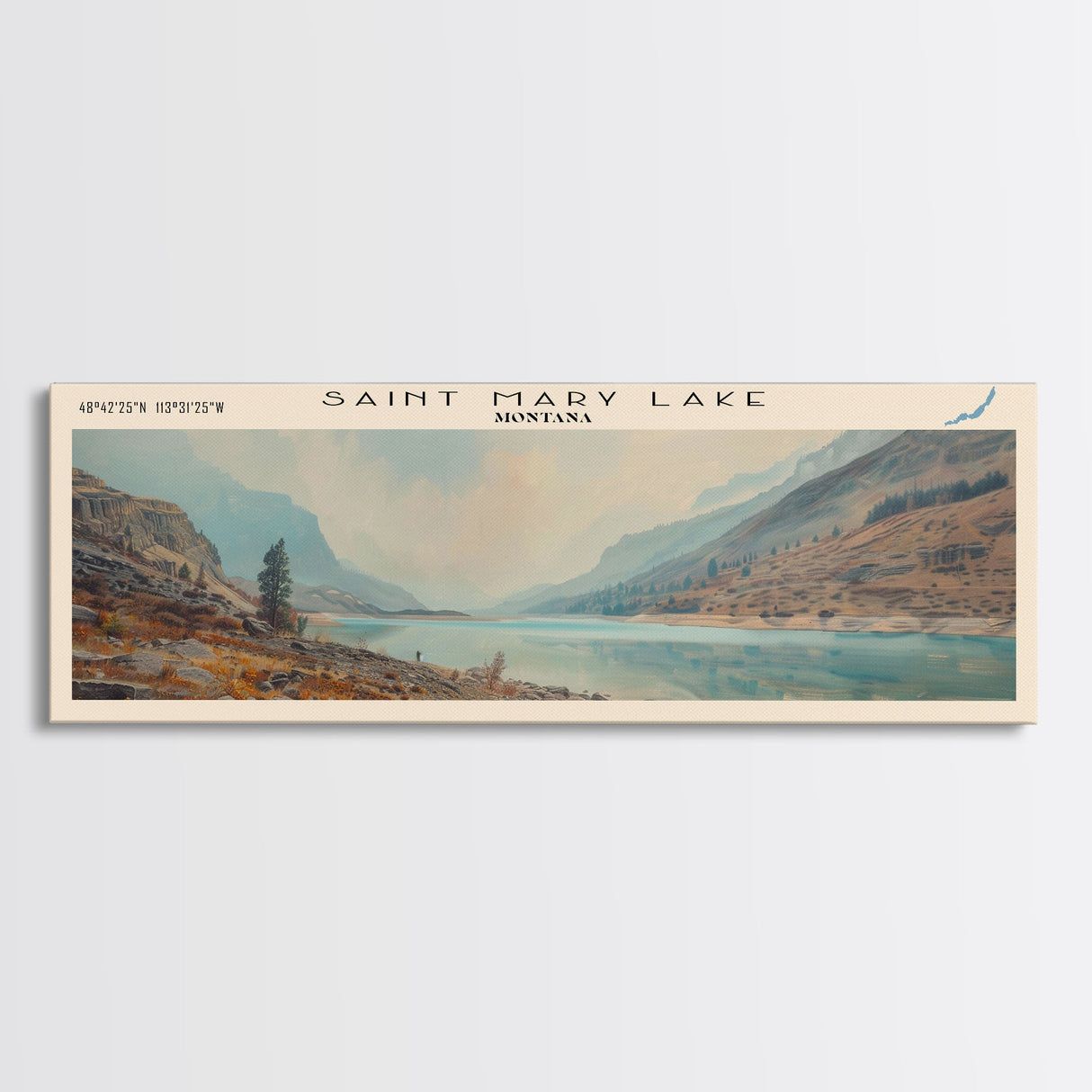 Saint Mary Lake Montana Framed Canvas Print, Lake House Decor, Panoramic Wall Art, Travel Poster, Scenic Lake Painting, Living Room Decor