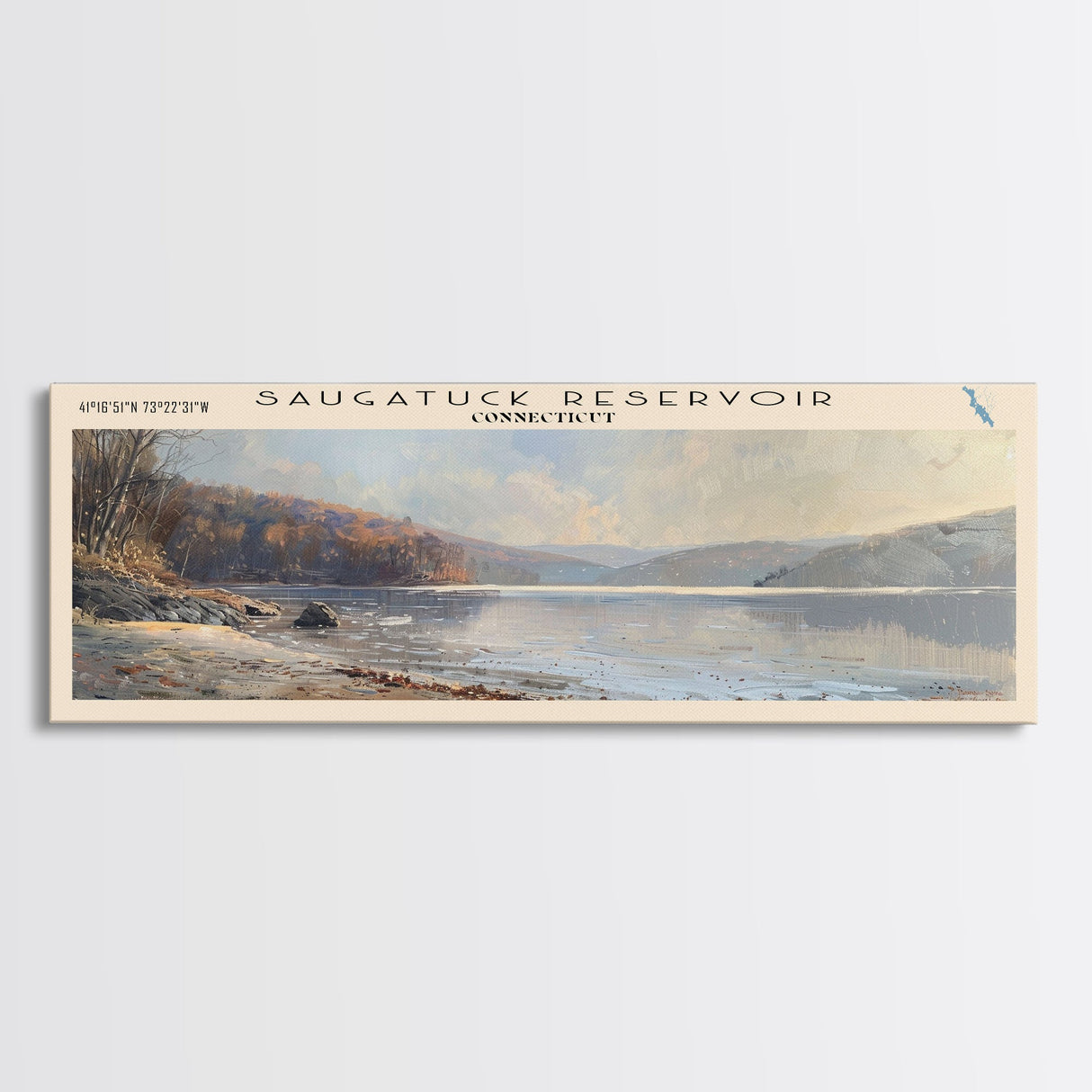 Saugatuck Reservoir Connecticut Framed Canvas Print, Lake House Decor, Panoramic Wall Art, Travel Poster, Scenic Lake Painting, Living Room Decor